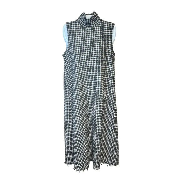 ZARA Tweed Checkered Plaid Mock Neck Midi Shift Dress Unfinished Hem Women's S - Picture 1 of 10